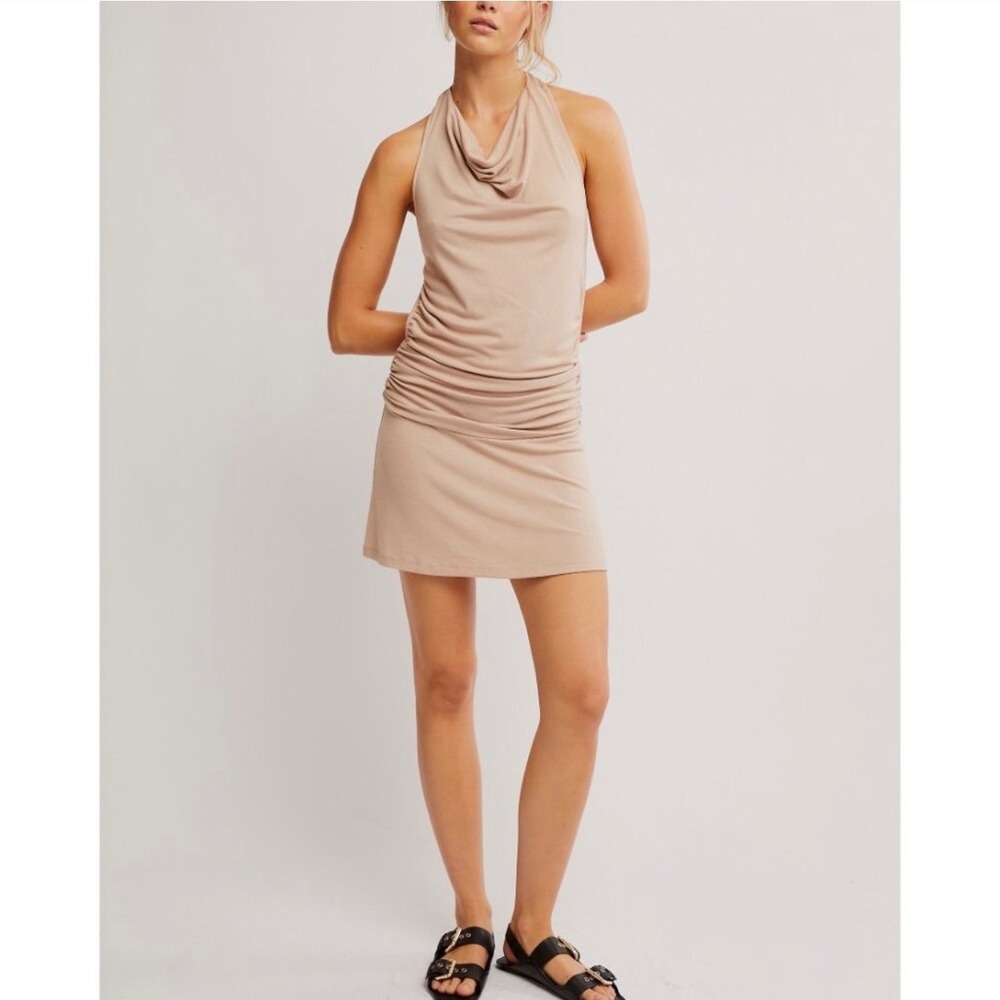 FP Beach Free People Cowl Neck Backless Halter Ruched Mini Dress Pink XS‎